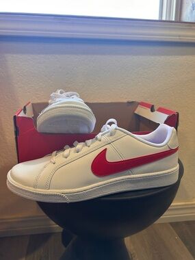 Nike Men’s White Sneakers with Red Swoosh Accent